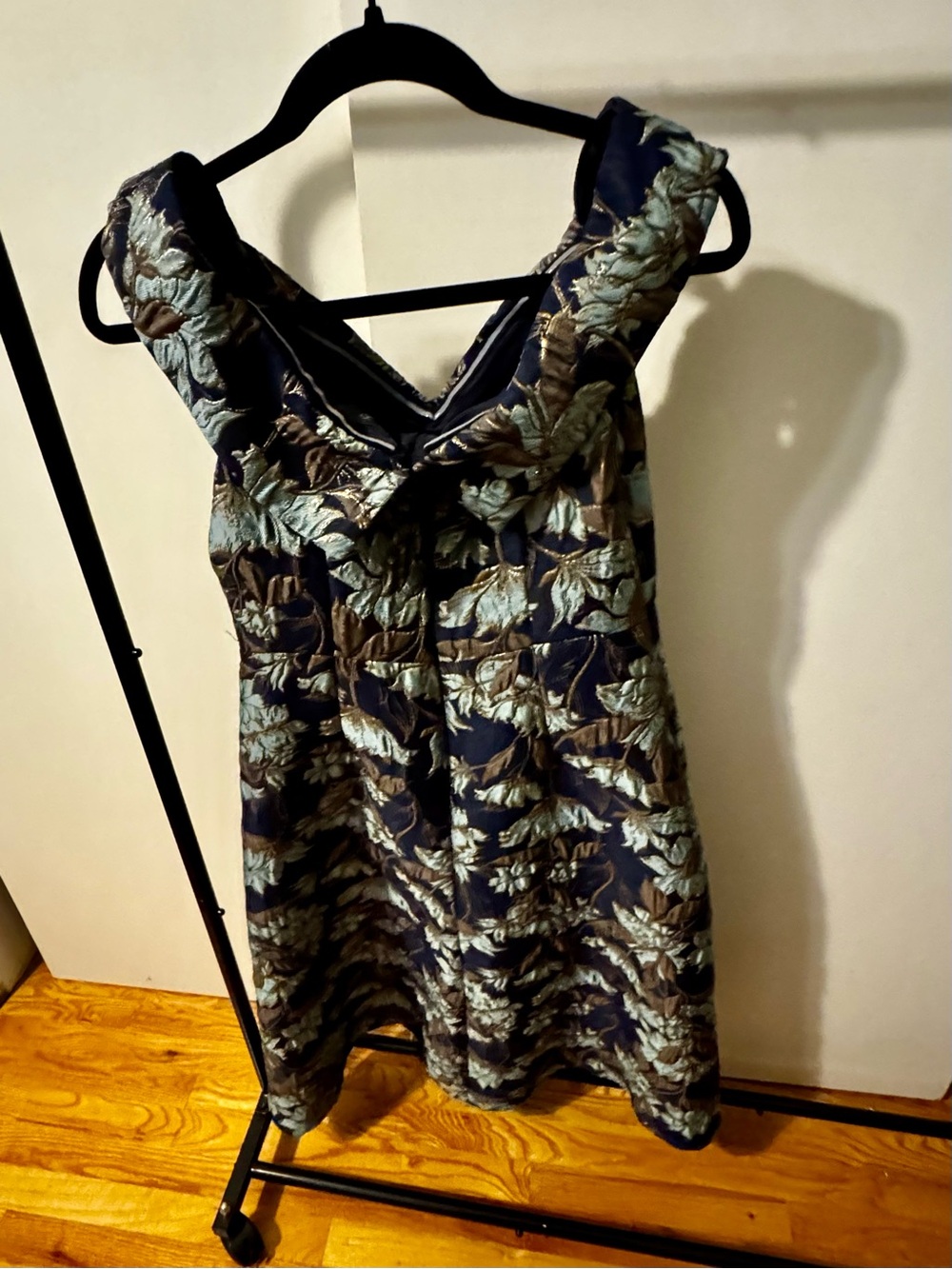 Adrianna Papell Navy and Gold Floral Off-Shoulder Jacquard Dress - Picture 4 of 4